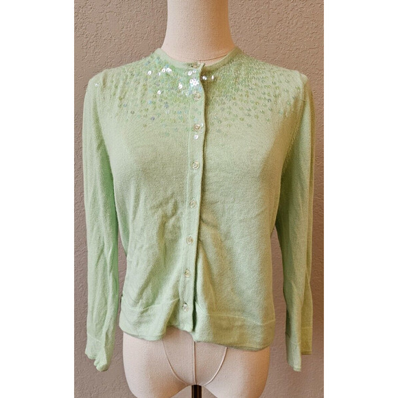 MOTH Anthropologie Cardigan Sweater Pale Green Sequin Detail Angora Blend Large - Picture 1 of 5